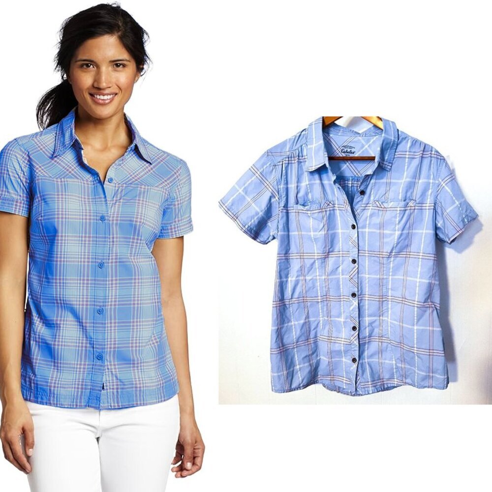 Cabela's Women's Blue/White Plaid Short Sleeve Casual Button-Down Shirt Top M